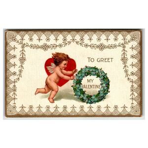 Vintage Embossed Valentine Postcard Cupid Heart Floral Wreath German 1910s